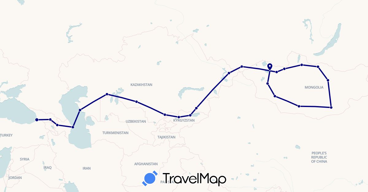 TravelMap itinerary: driving in Azerbaijan, Georgia, Kyrgyzstan, Kazakhstan, Mongolia, Russia (Asia, Europe)
